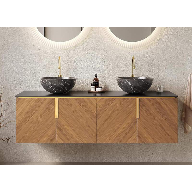 Meuble-lavabo flottant 60 po avec 2 lavabos, lavabo en marbre en forme de bol et 4 portes à fermeture douce