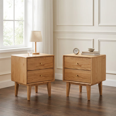 Set of 2 MCM Solid Oak Low & Narrow Nightstands with 2 Drawers