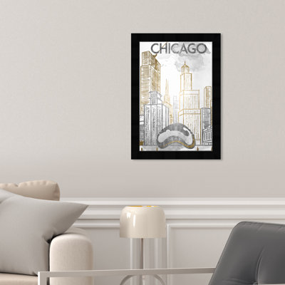 Croquis de Chicago, bâtiments modernes de ville dorée et argentée - peinture sur cadre
