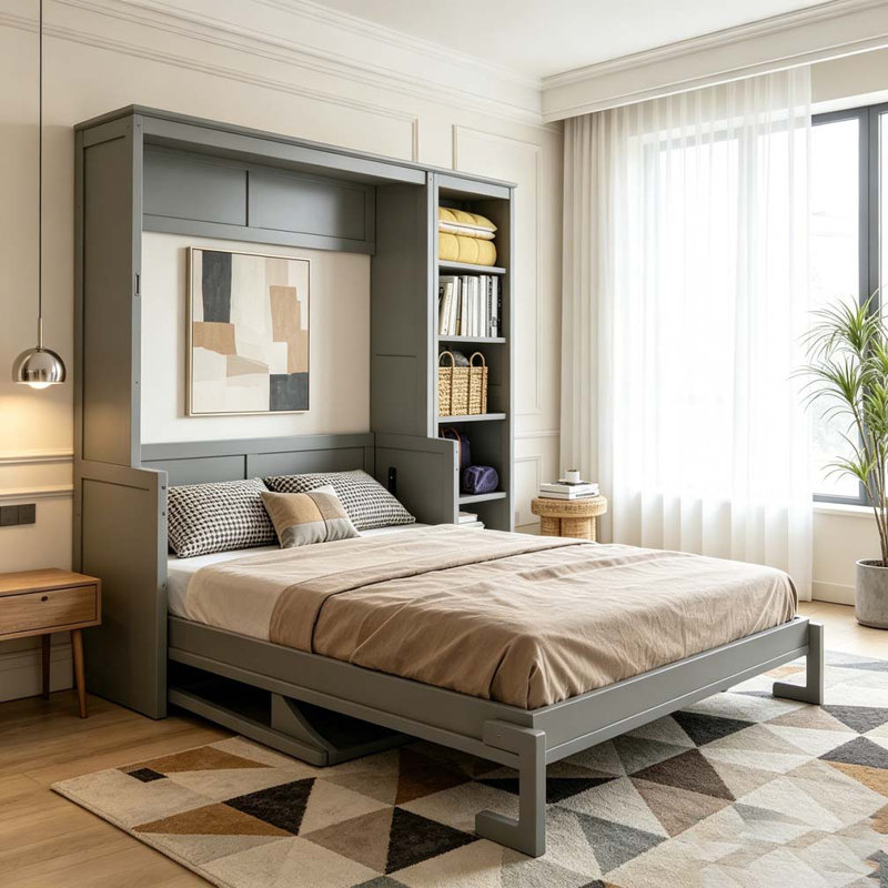 Lit escamotable avec bureau et tablettes Murphy, Double, Gris