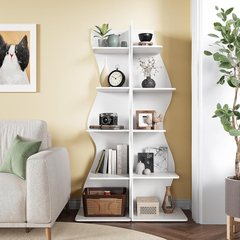 Étagère d'angle blanche moderne à 5 niveaux, bibliothèque réglable et support de rangement pour salon, chambre à coucher, bureau