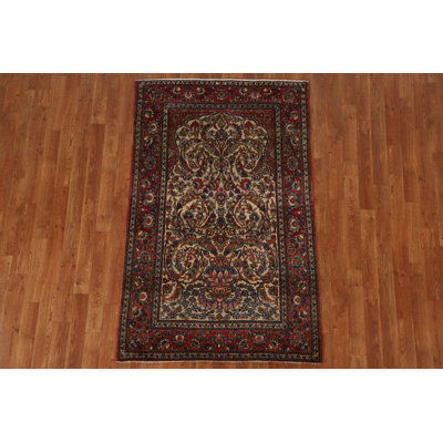 Tapis unique en laine noué à la main de 3 pi 5 po x 5 pi 5 po rouge années 1920 / beige / noir