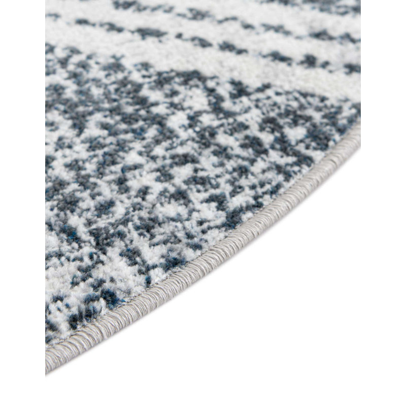 Tapis géométrique en polyester bleu / ivoire Massie, Rond 3 pi 3 po