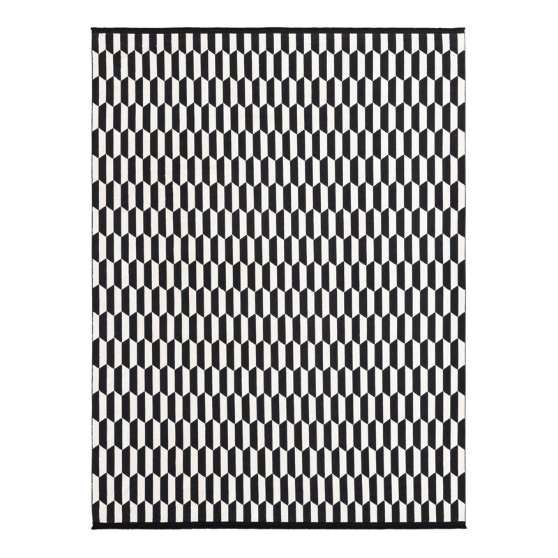 Tapis géométrique en polyester noir / blanc Lucerito, Rectangle 7 pi 10 po x 10 pi