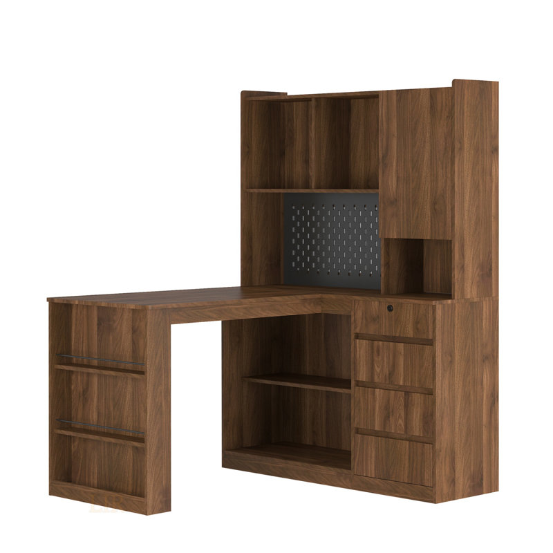 L-Shaped Computer Desk With Charger, Drawers, Bookshelf, And LED Light For Modern Home Office, Wood