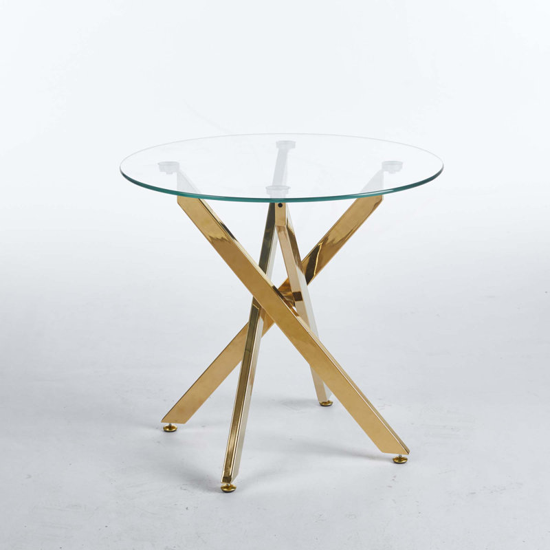 Table de salle à manger ronde avec pieds en métal et verre trempé, 21.65''H x 23.62''L x 23.62''W,, Transparent, Doré