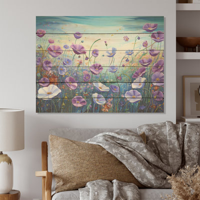 Purple Morning Glory Flower Field - Flower Field Wood Wall Art On Natural Pine Wood