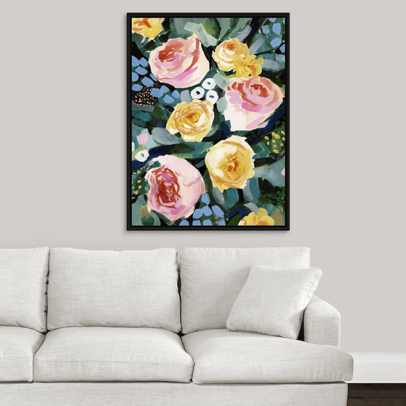 « fleur mélangée ii », peinture sur toile, Cadre flottant noir, H 17,7 po x l 13,7 po x P 1,75 po