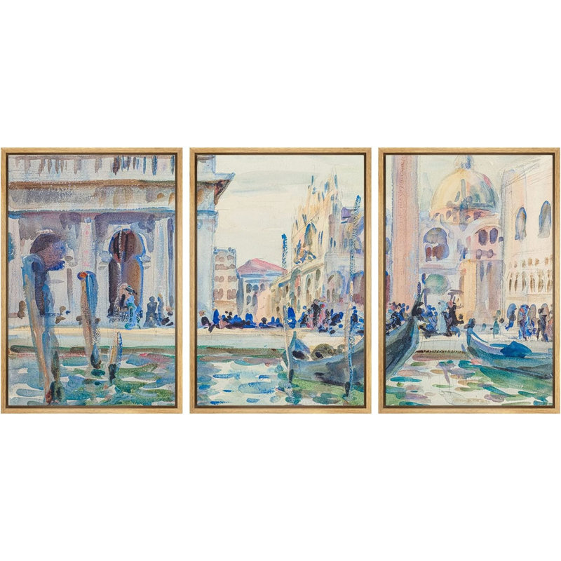 Aquarelle, gondole italienne de Venise, 3 pièces, Naturel, H 36 po x l 24 po x P 1,5 po