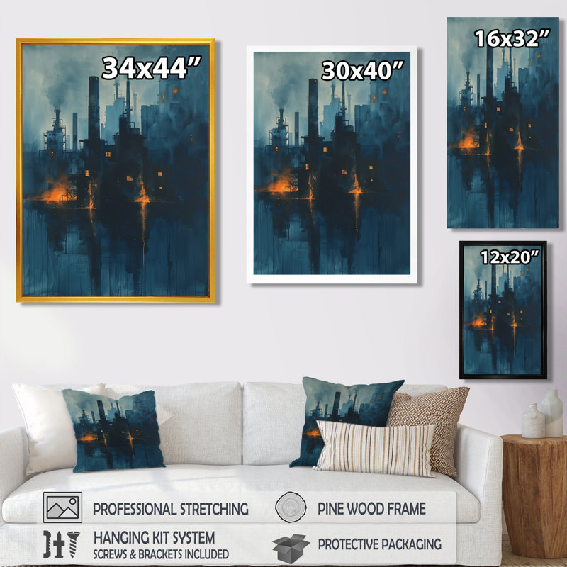 Impression d'art mural jaune et bleu de l'usine Metropolis I - usines, Toile avec cadre flottant brun