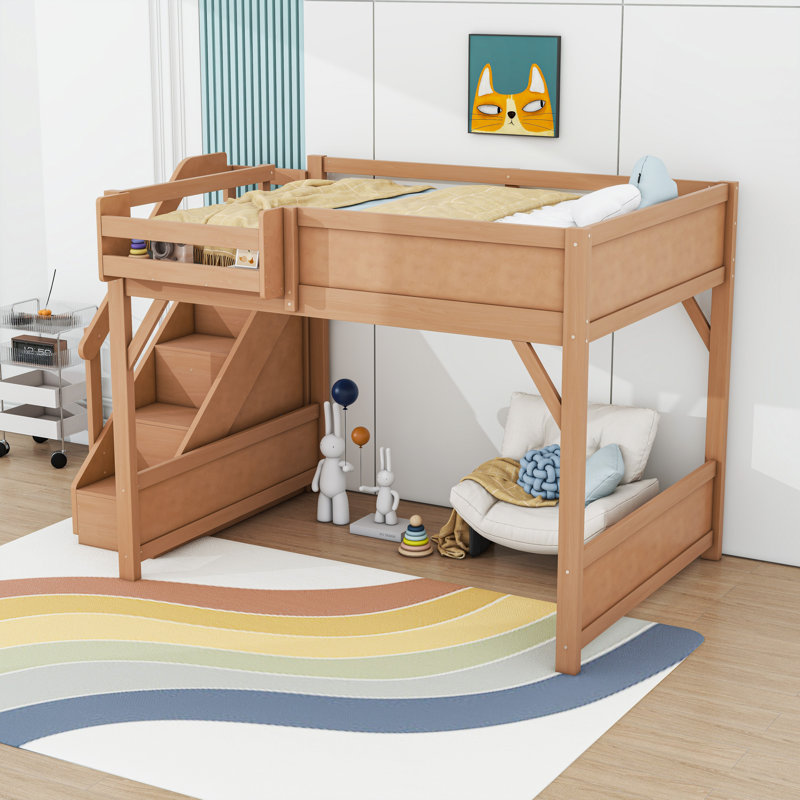 Lit mezzanine en bois avec garde-robe et escalier de rangement, Full, Deep Natural