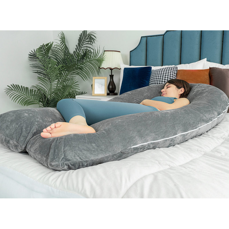  Coussins de grossesse pour dormir, coussin de corps en forme de U pour la grossesse, coussin de maternité de 65 pouces pour les grandes femmes enceintes avec housse en velours gris