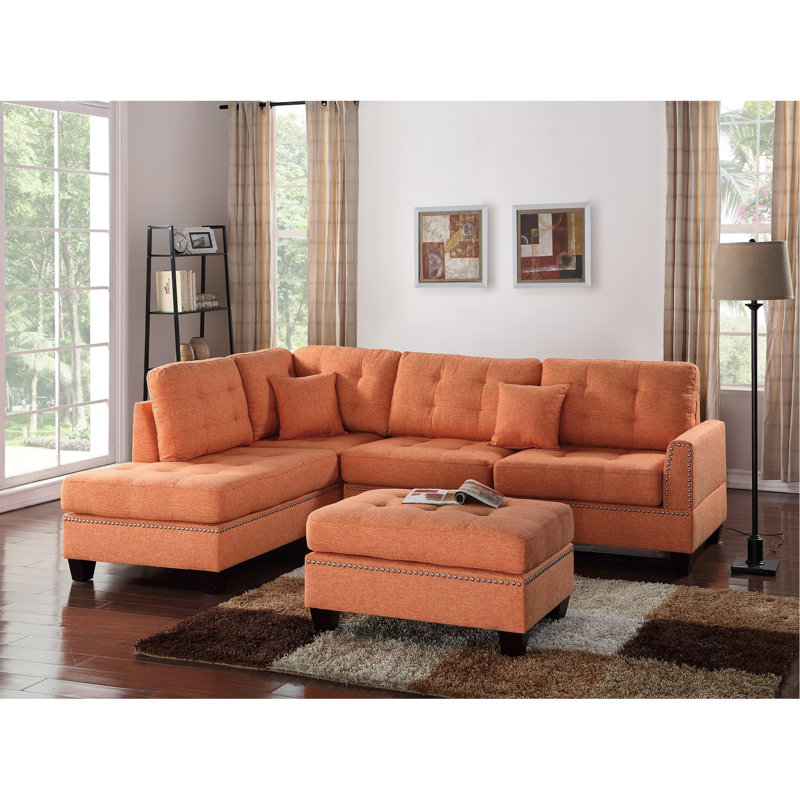 Ensemble de canapé modulaire réversible 3 pièces avec repose-pieds de couleur agrume, Orange / orange tropical