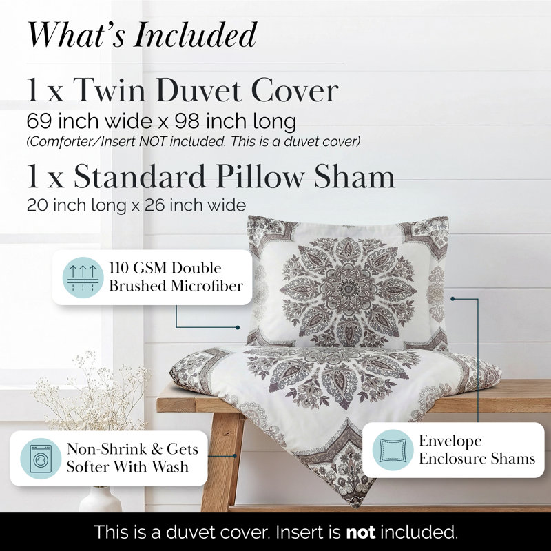 Literie réversible Southshore Fine Linens Infinity Gris Twin/Twin XL, 2 pièces, motif médaillon, 1 housse de couette et 1 taie d'oreiller standard, microfibre 110 g/m²