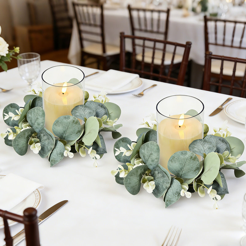 Ensemble de 6 bougies DEL sans flamme avec anneaux d'eucalyptus, 4 bougeoirs de couronne de verdure, centres de table de mariage