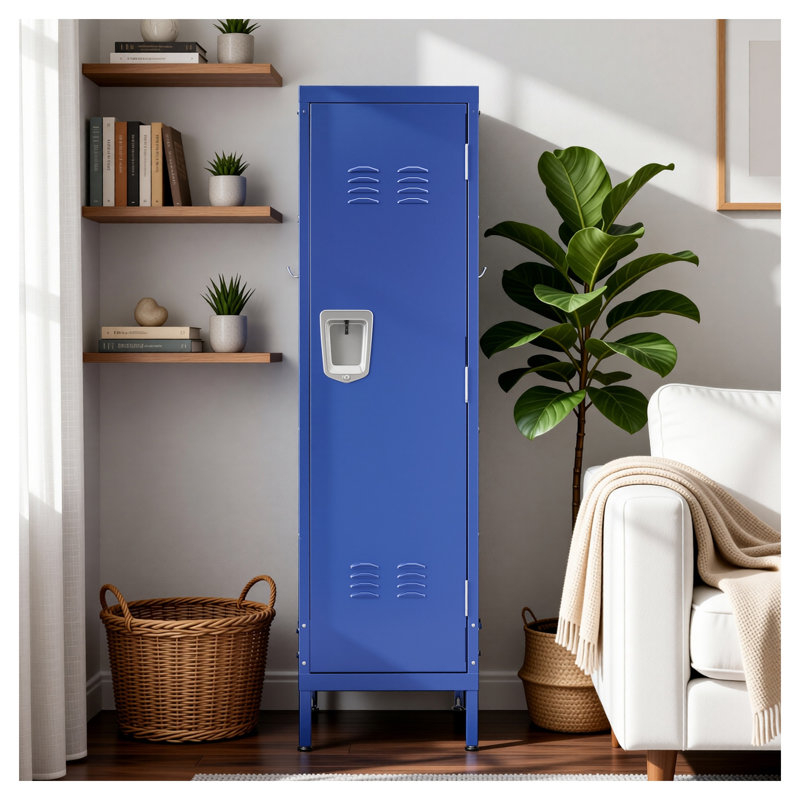 Armoire-penderie métallique de 140 cm de haut, en acier bleu, avec porte ventilée, serrure et crochets latéraux.