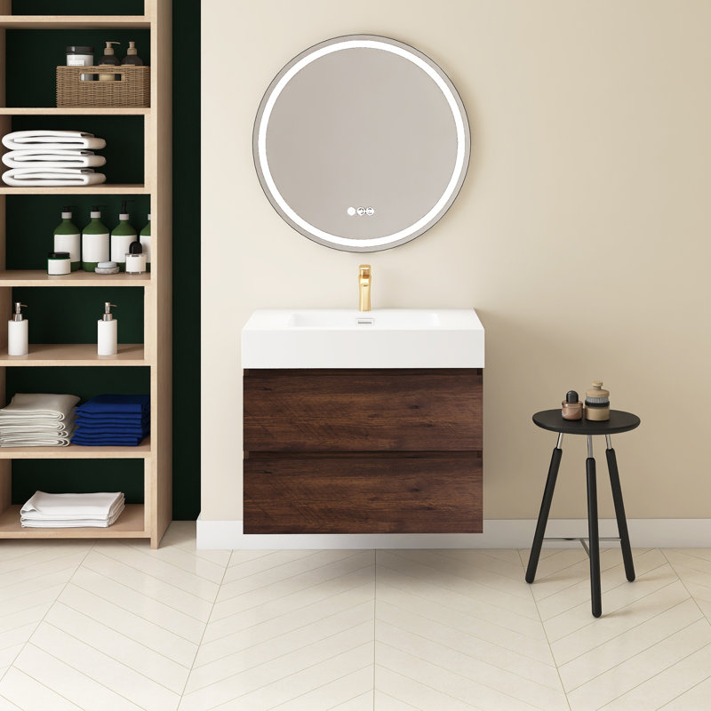 Louka 29.9'' Single Bathroom Vanity with Quartz Top, White, Walnut