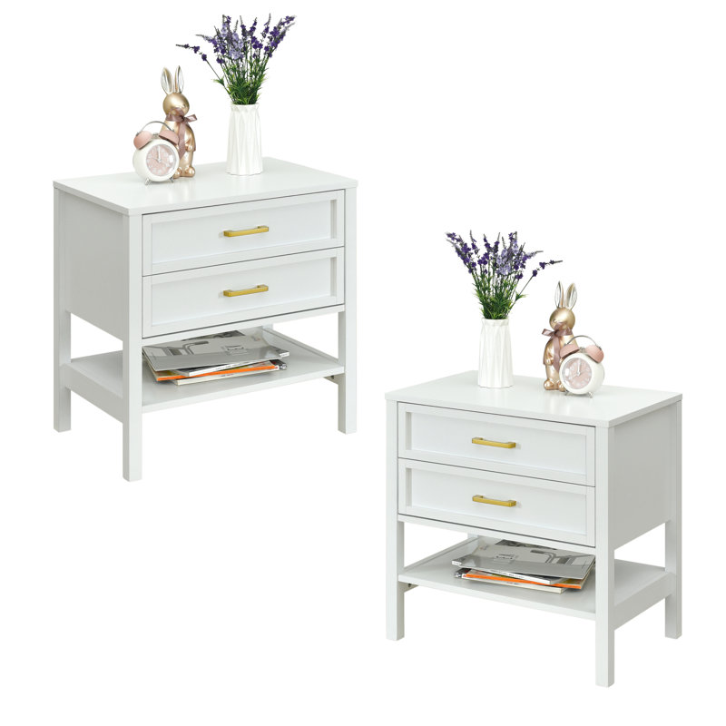 Elora Set Of 2 Drawer Wood Nightstand, Bedside Tables With Storage Drawers, Compact Wood Night Stands For Bedroom, End Table Or Side Table For Living Room, 15.5" D X 23.6" W X 24.2" H, White