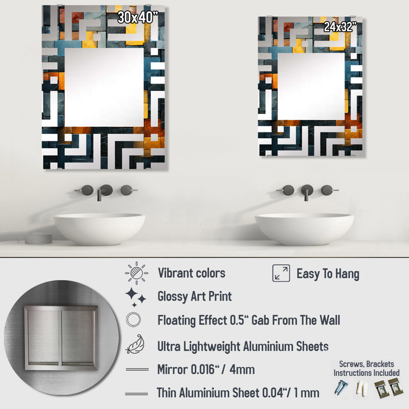Shou - Grand miroir mural en marbre abstrait, 32 po x 24 po