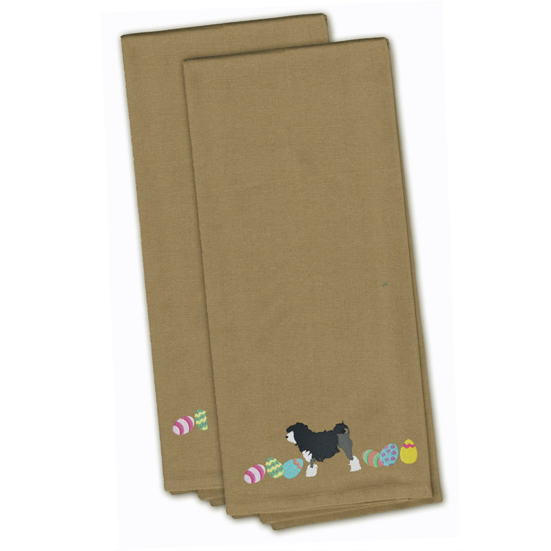 Cotton Embroidered Tea Towel Kitchen Towel, Tan, 28" H x 19" W x 0.1" D