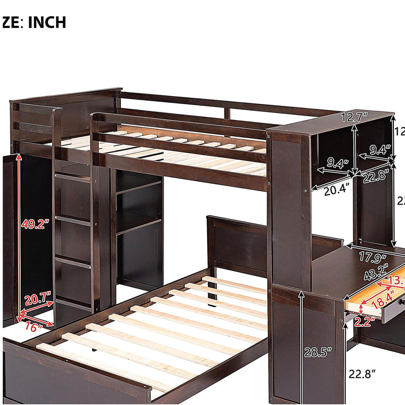 Petit lit mezzanine avec lit séparé, tablette, bureau et placard - couleur café, Espresso foncé