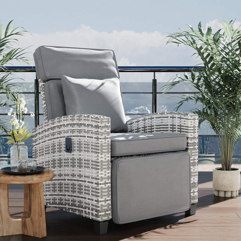 Fauteuil inclinable d'extérieur en osier - Chaise longue de patio à 145 ° avec coussin amovible, dossier et repose-pieds réglables, table rabattable pour terrasse, balcon, terrasse, bord de piscine (gris)