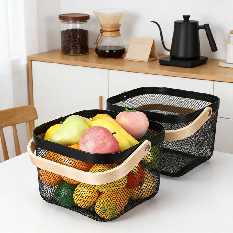 Panier carré en métal avec poignée en bois, organisateur polyvalent pour tablettes de garde-manger, comptoir de salle de bain, fournitures de bureau et présentoir de détail