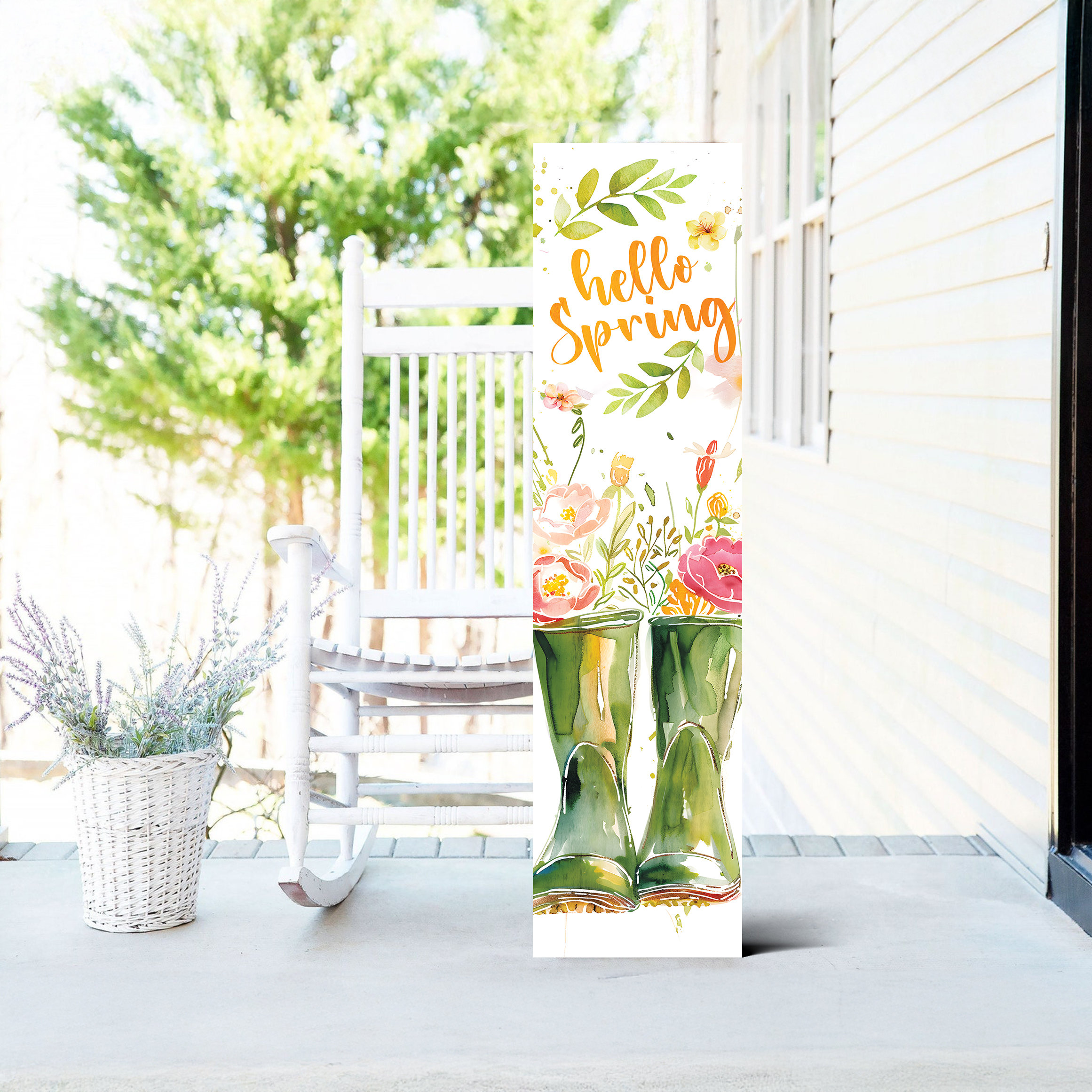 Winston Porter Hello Spring Wooden Porch Sign with Rain Boot Floral ...