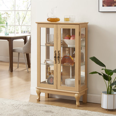 2 Doors Curio Cabinet With Tempered Glass Doors Cabinets With Mirrored Back Panel And Adjustable Shelves