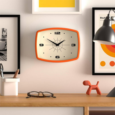 Horloge murale de cinéma | Horloge rectangulaire rétro | 10 pouces | Orange | Refroidir le look Mid-Century tendance pour la cuisine, le salon ou le bureau