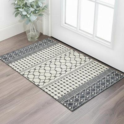 Tapis gris délavé tissé à plat à motif géométrique gris foncé et blanc 3 pi x 5 pi