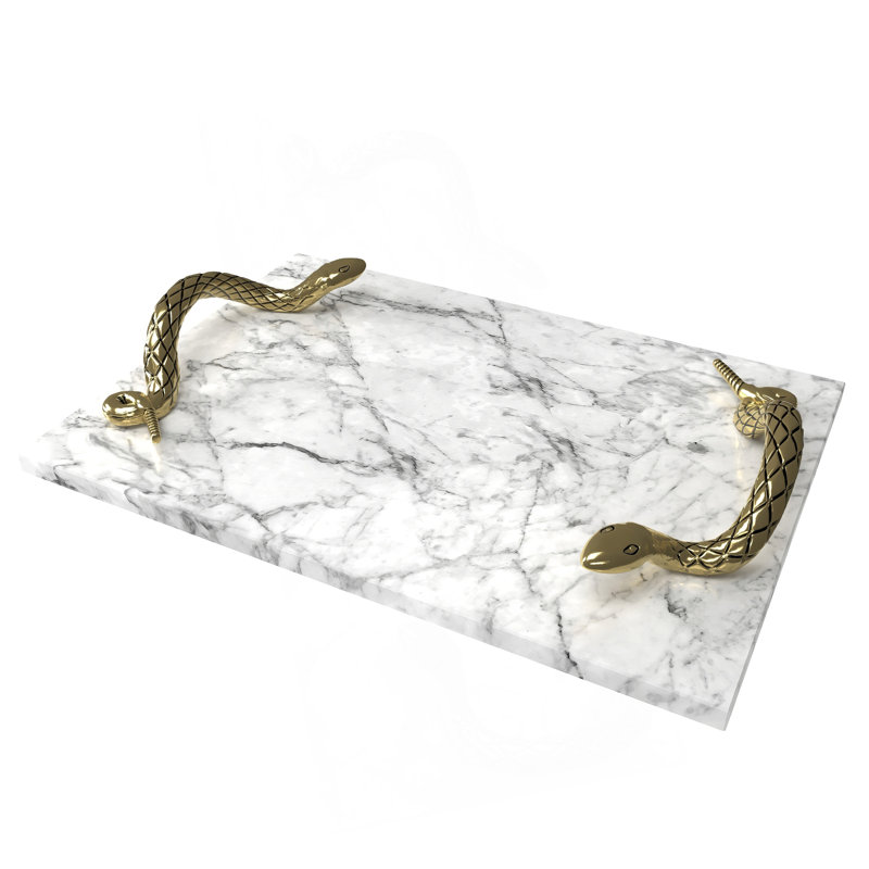 Mamba White Marble Decorative Serving Tray With Brass Snake Handles