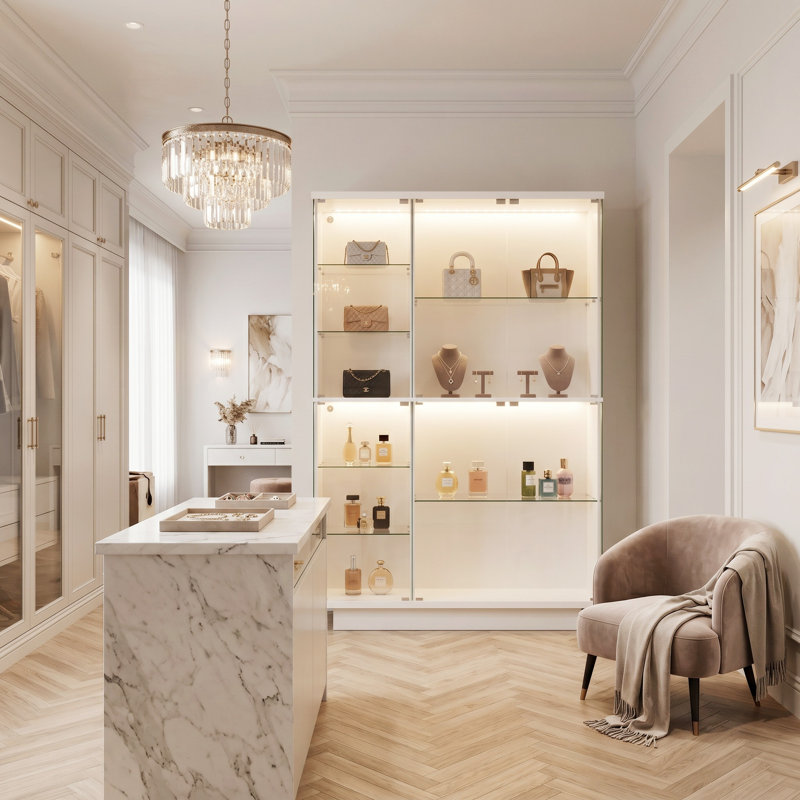 Vitrine à deux zones avec lumières DEL à changement de couleur | 2 vitrines indépendantes, tablettes en verre et sécurité anti-basculement