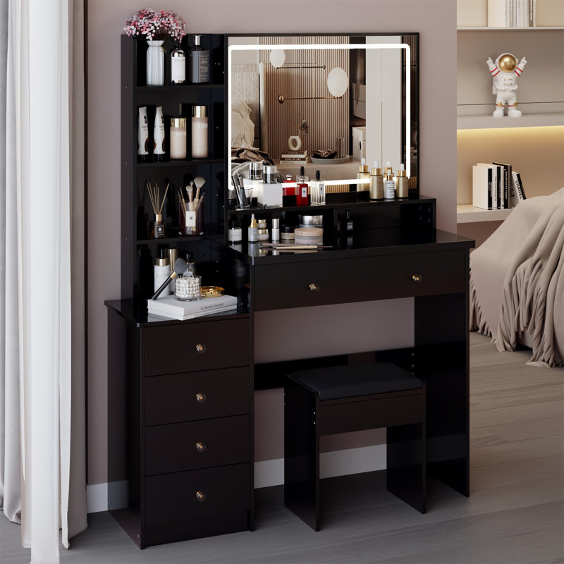 41 Inch Large Bedside Cabinet Vanity Table with Cushioned Stool, LED Mirror, 3-Color Switch, Multi-Layer Storage, Ideal for Spacious Rooms