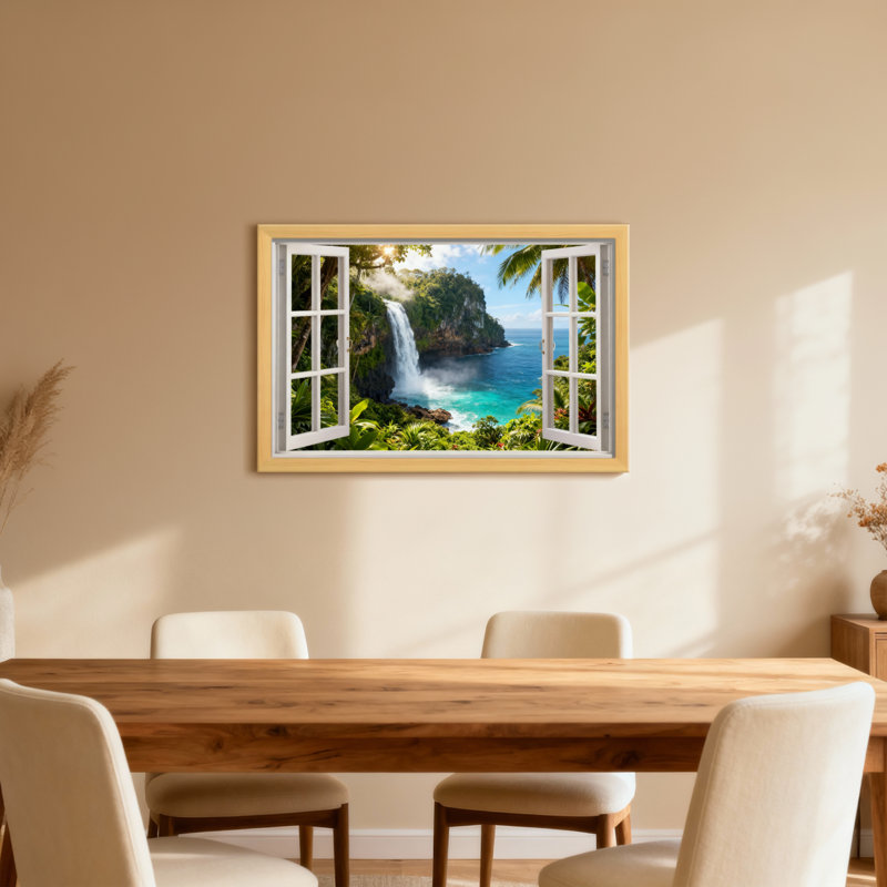 Paysage et nature, cascade tropicale, vue sur l'océan, scène de fenêtre, H 36 po x l 24 po, Toile tendue, Ne s’applique pas