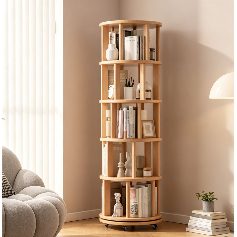 Tablette d'angle, tour de bibliothèque rotative en bois massif avec roulettes, Naturel