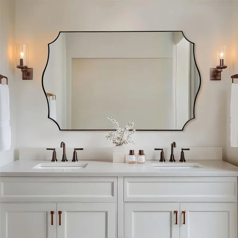 Anayalee Traditional Scalloped Rectangle Bathroom Vanity Mirror | Stainless Steel Frame, 48" x 30", Brushed Bronze