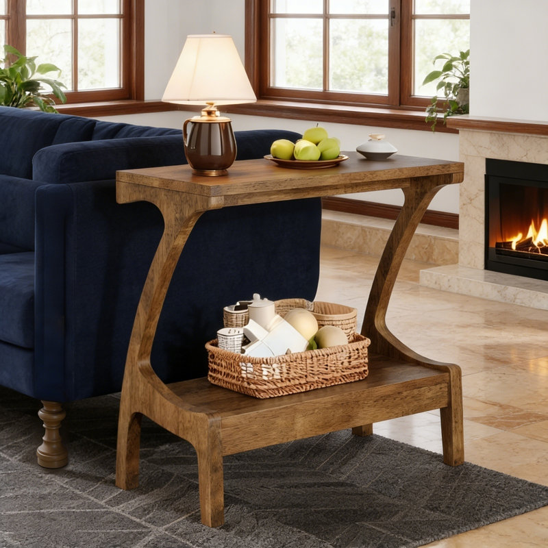 Table de bout en bois massif, table d'appoint étroite avec tablette de rangement à 2 niveaux