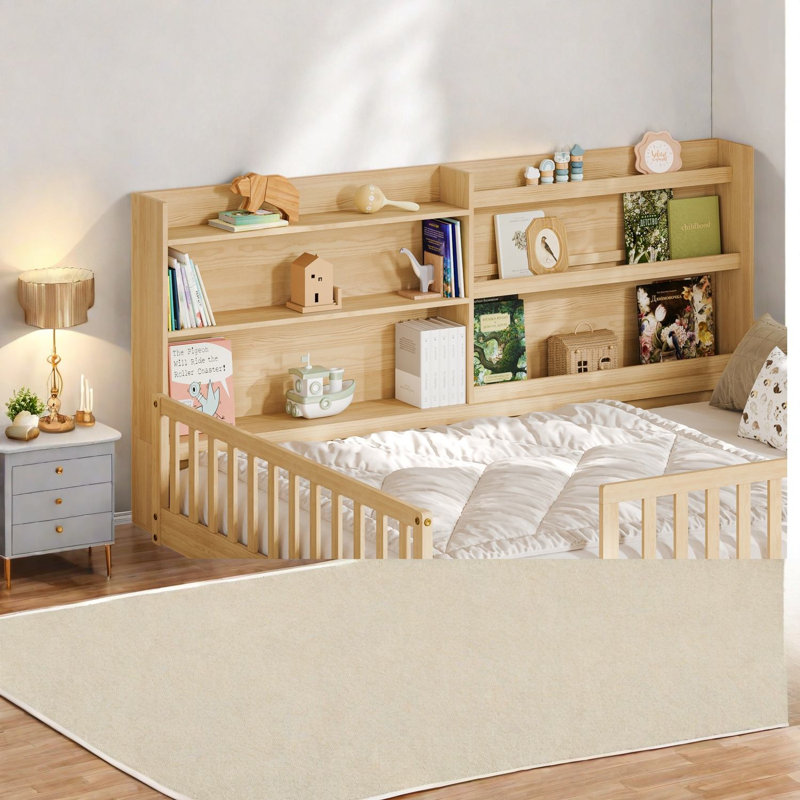 Lit double avec rangement, lit Montessori en pin massif, chambre moderne, Tanné