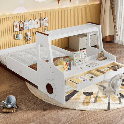 Lit simple pour voiture simple en blanc - Conception enfantine avec tiroirs de rangement et bureau multifonctionnel pour zone d'étude