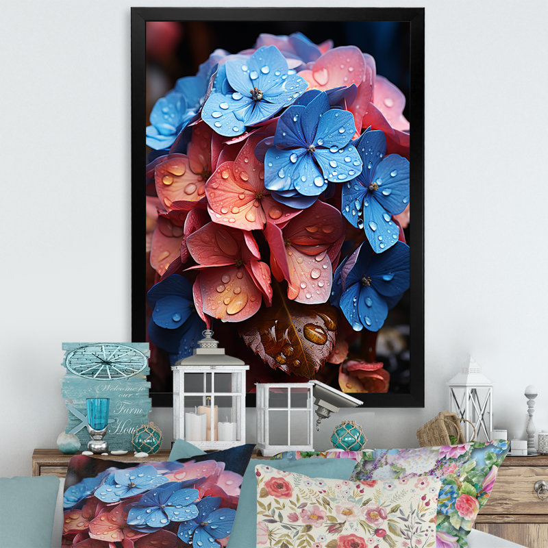 Mélange d'hortensias en fleurs avec arc-en-ciel, Cadre photo noir simple, H 32 po x l 16 po x P 1 po