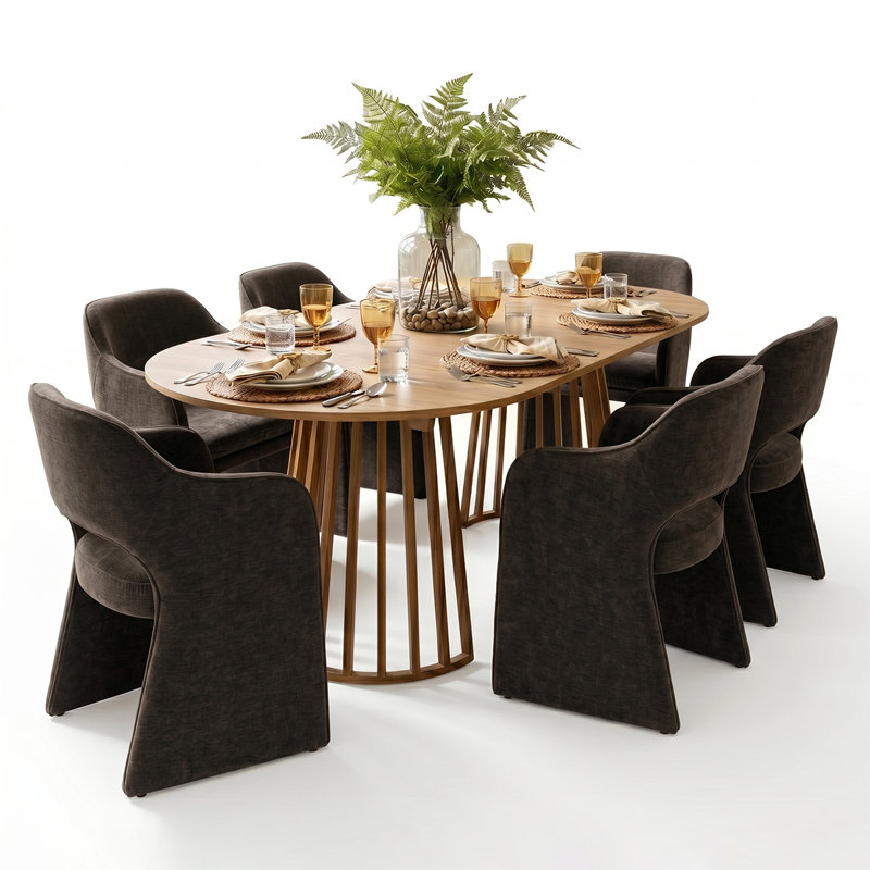 6- Person Dining Table Sets With Extendabe Oval Table & 6 Upholstered Chenile Diining Chairs, Brown