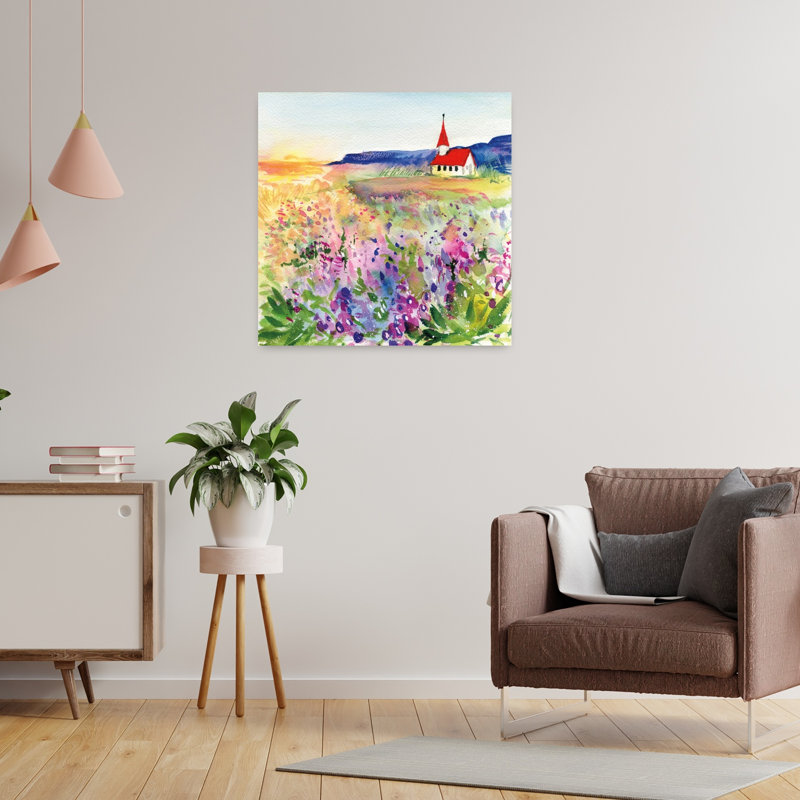 Petite montagne, église, paysage contemporain abstrait, impression d'art mural, 24" H x 24" W