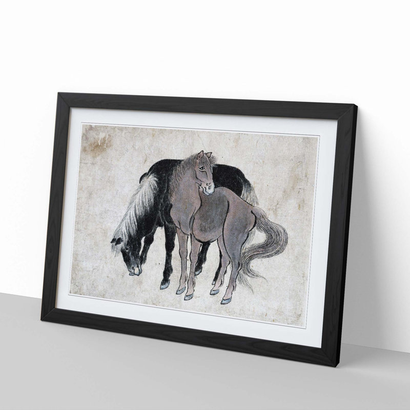 Two Horses by Katsushika Hokusai - Framed Print, 36cm H x 48cm W x 2cm D, Black Framed