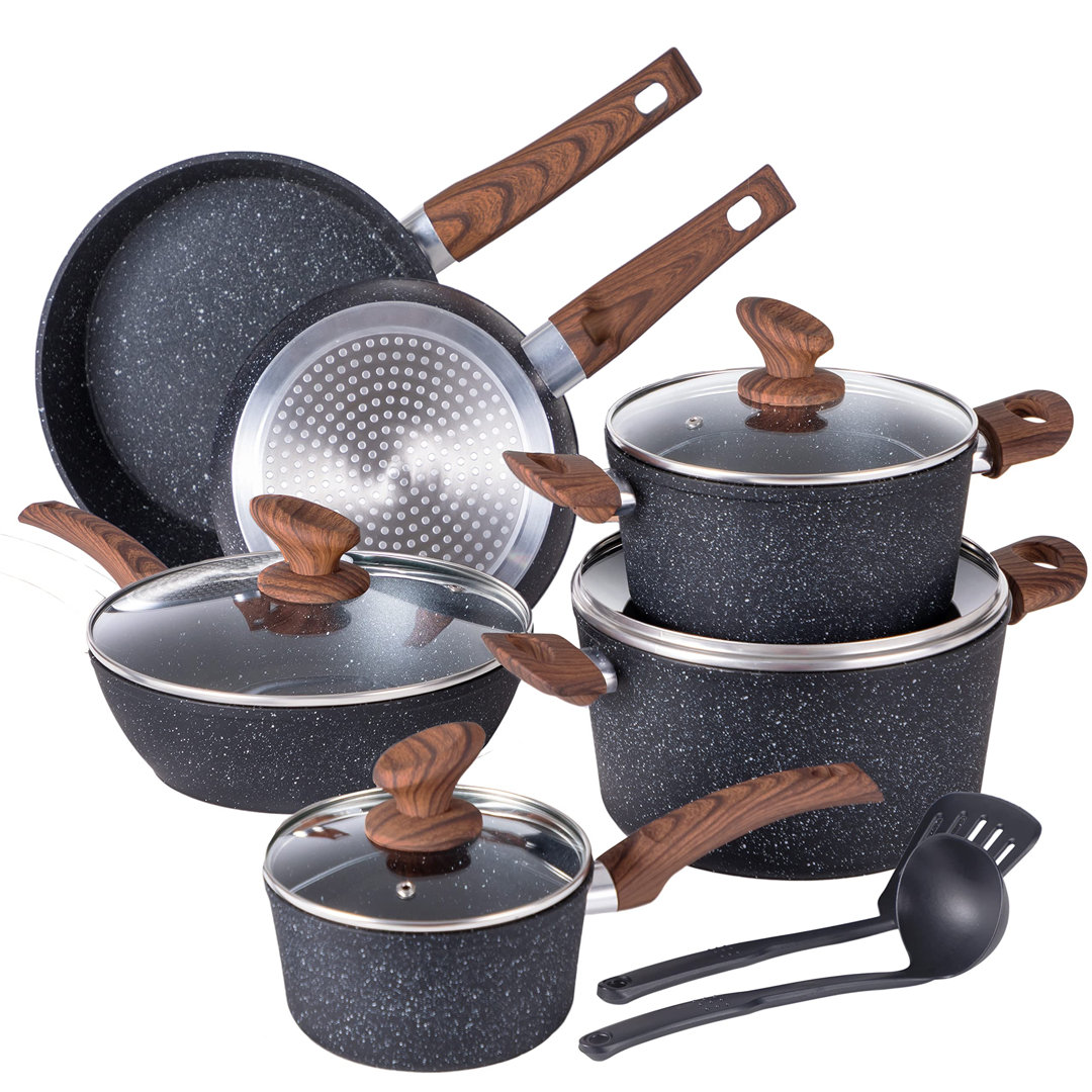 Induction Kitchen Cookware Sets Nonstick - Granite Hammered Pan Set 12 Piece, Dishwasher Safe Cooking Pots And Pans Set