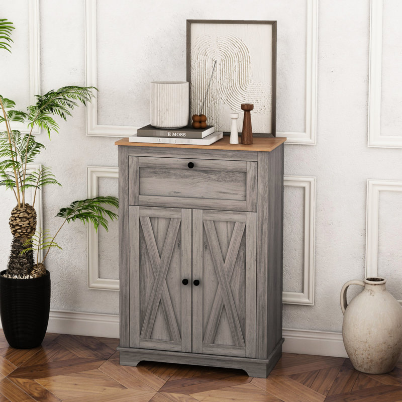 Gray Side Cabinet. With Double Doors, Drawer & Adjustable Shelf. For Bedroom And Living Room. Ample Storage Space. Tipping. Particleboard Made. 23.5"W X 11.75"D 34.5"H Cabinet, - Vintage Handles,