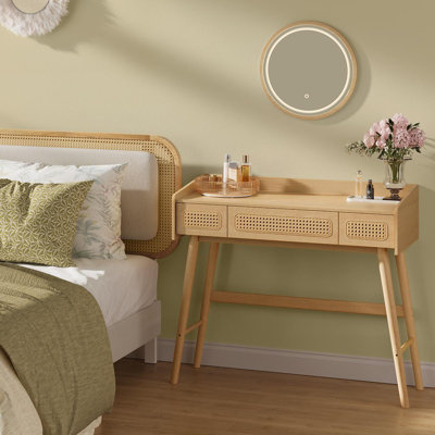 Virdie Boho Vanity Desk with Light Up Mirror, 3 Drawers, Dimmable, Touch Control Light with 3 Colour Hues