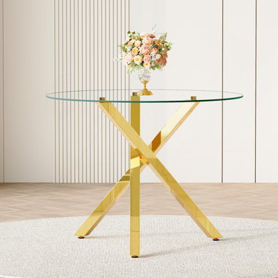 Table de salle à manger ronde en verre convenant à 2 à 4 personnes: Diamètre 39 po, hauteur 30 po, structure en métal en forme de X, très appropriée pour les restaurants, les cuisines et les petits espaces, élégante et pratique.