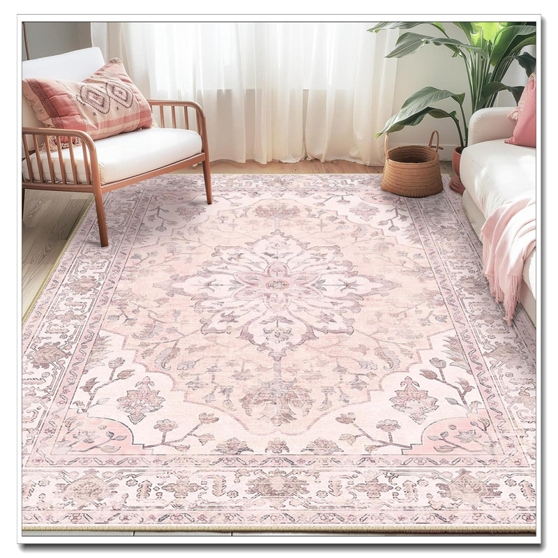 5'X7' Washable Non-Slip Area Rug - Sunflower Series Floral Vintage Distress Medallion Print (Pink Greypink Cute) For Living Room Bedroom Dining Room