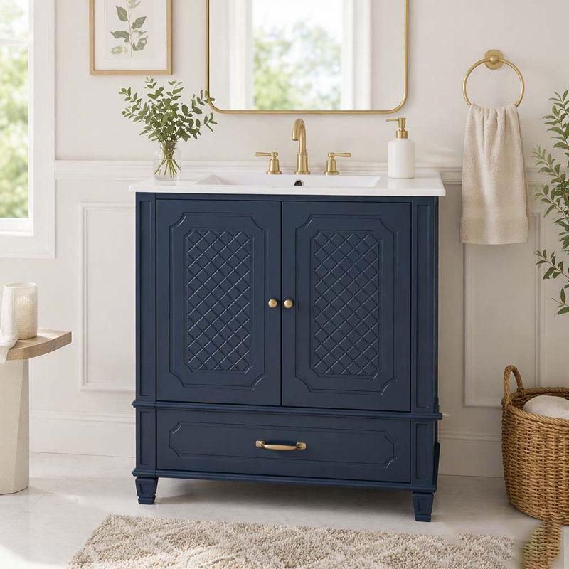 Meuble-lavabo de salle de bain avec lavabo style rétro, Bleu - ensemble de 2